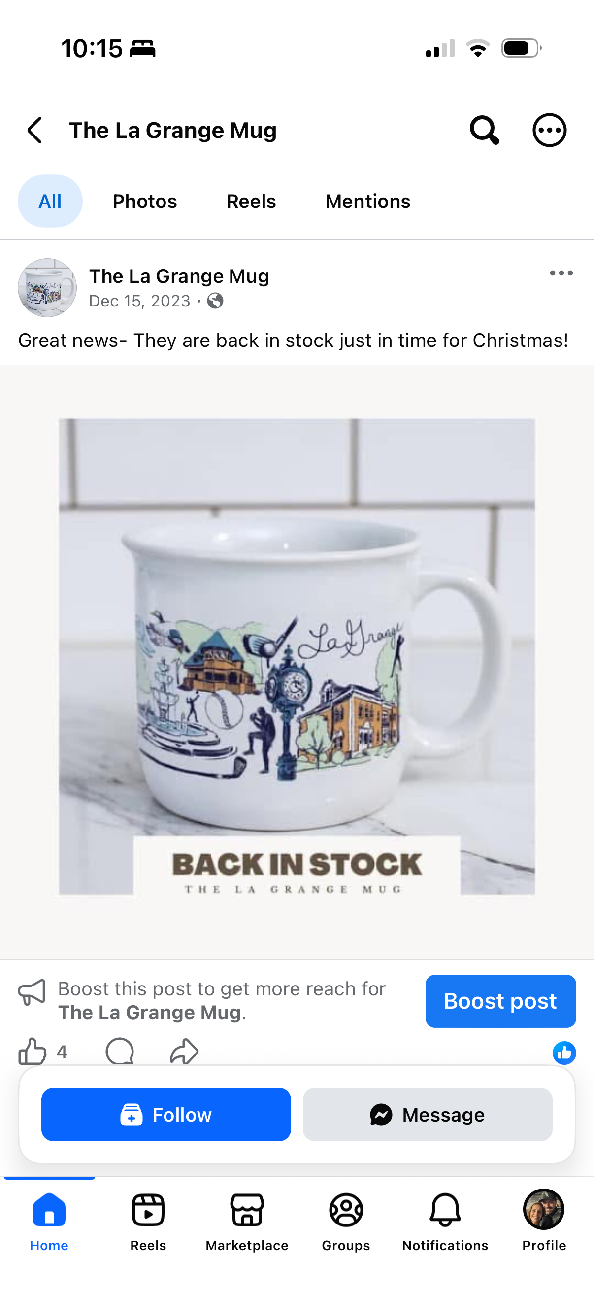 The La Grange Mug back-in-stock announcement from December 2023