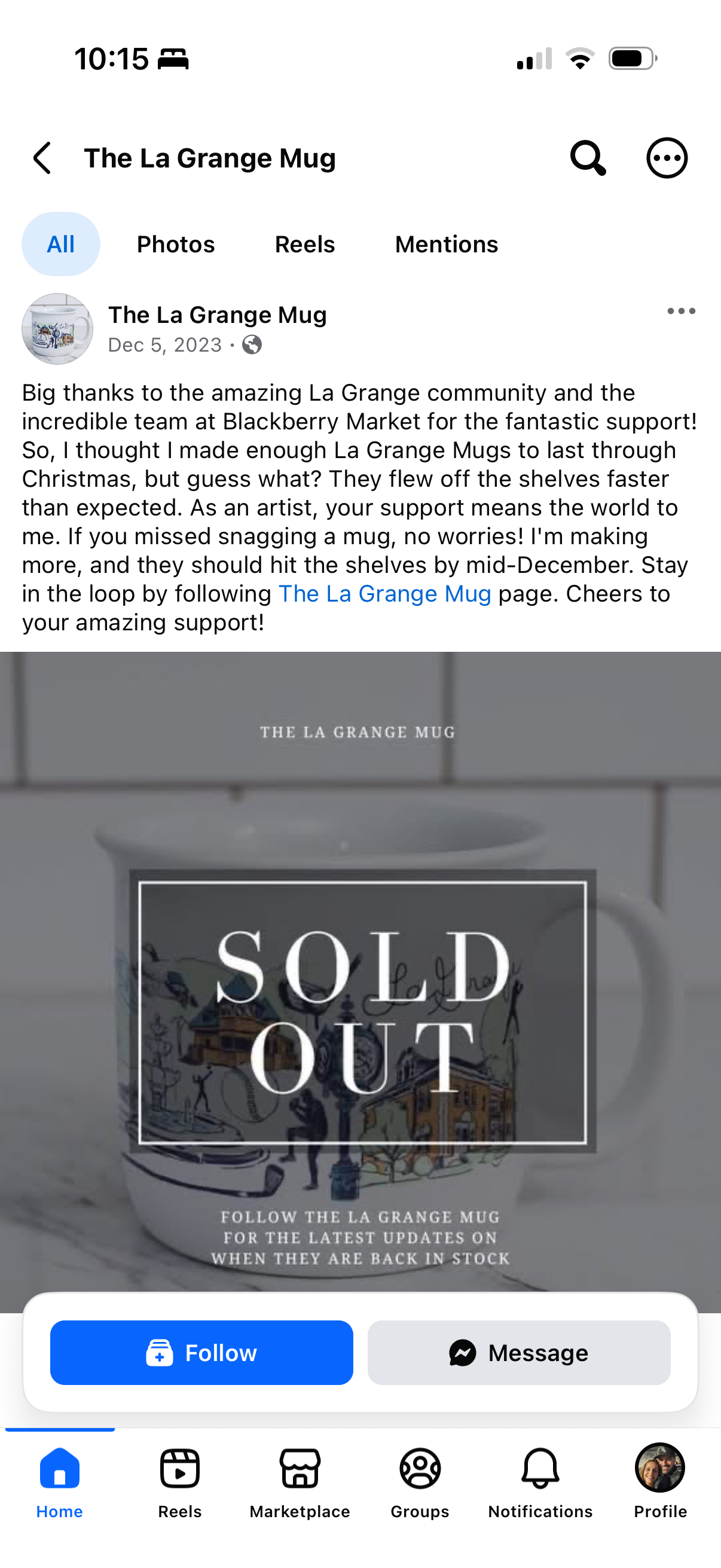 The La Grange Mug sold-out announcement from December 2023