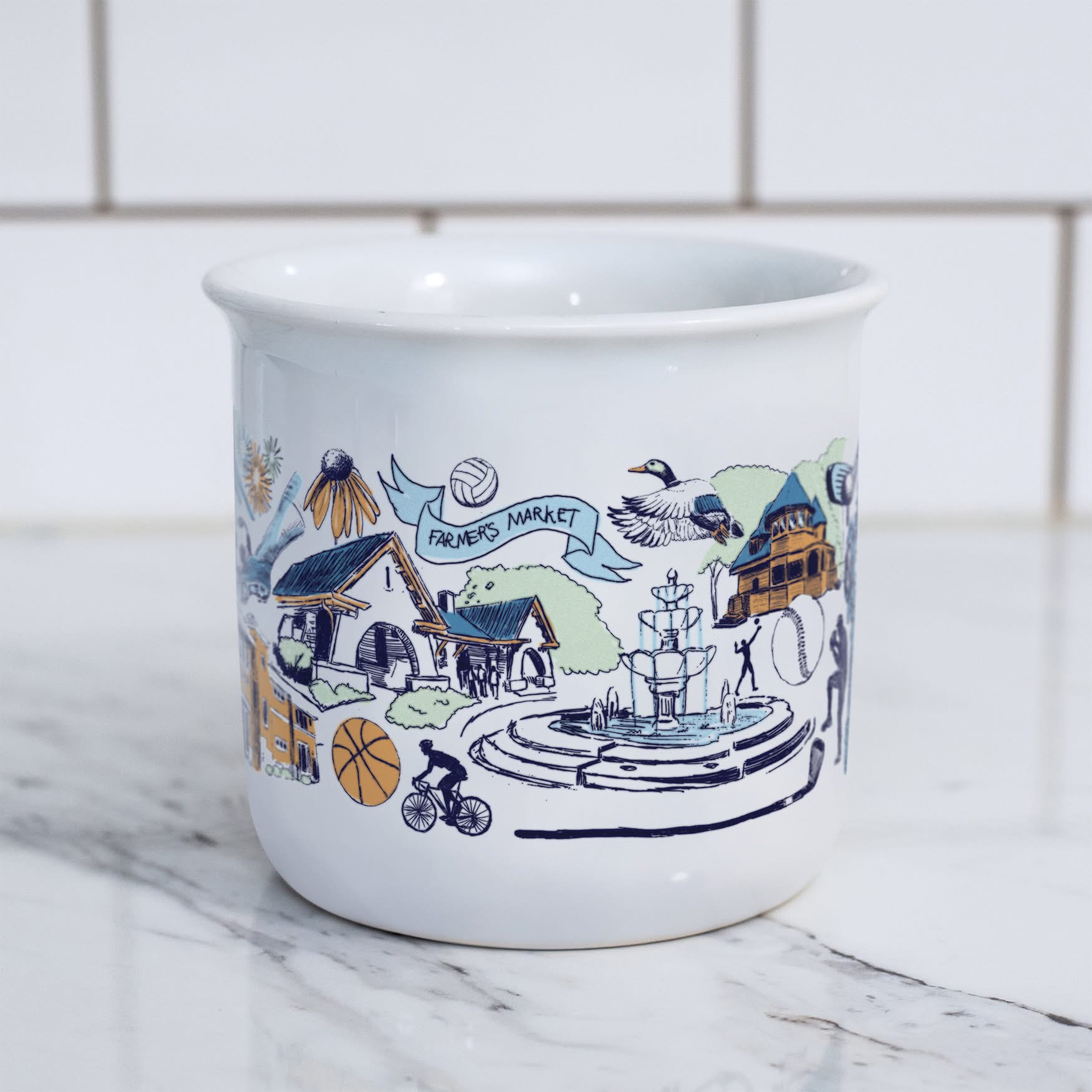 The La Grange downtown fountain and local favorites on the mug