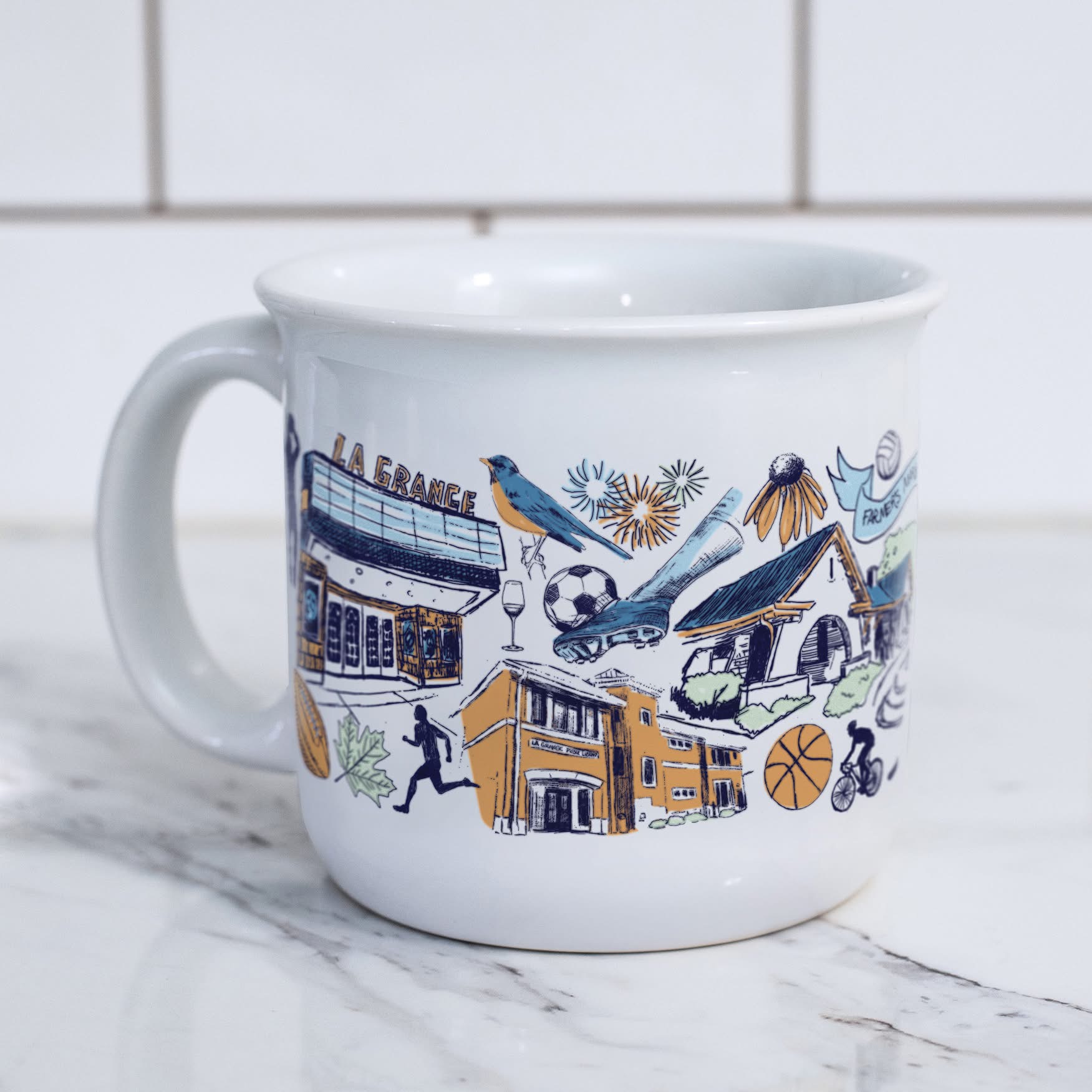The downtown La Grange theater and community landmarks on the mug