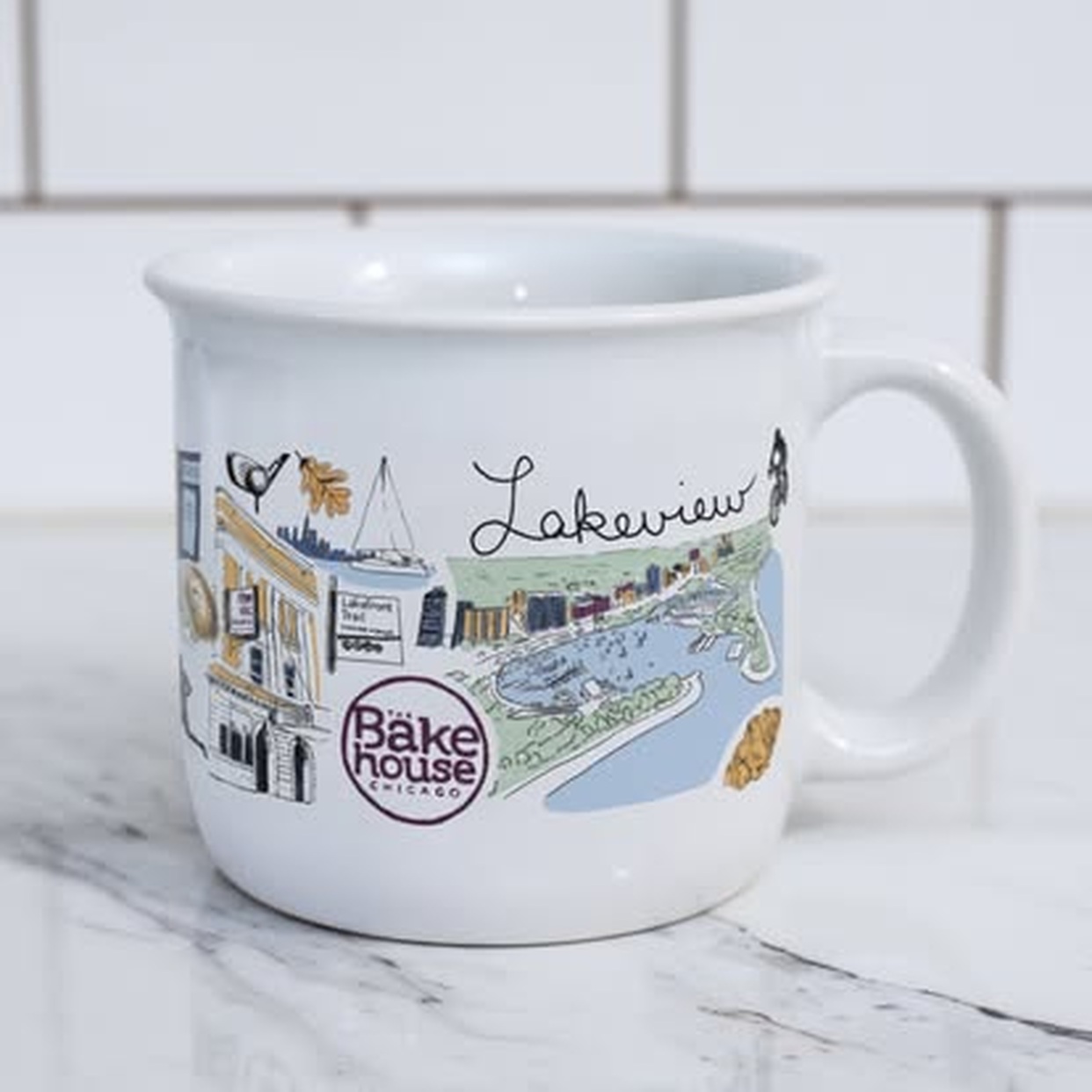 The Lakeview Mug displayed on a marble counter