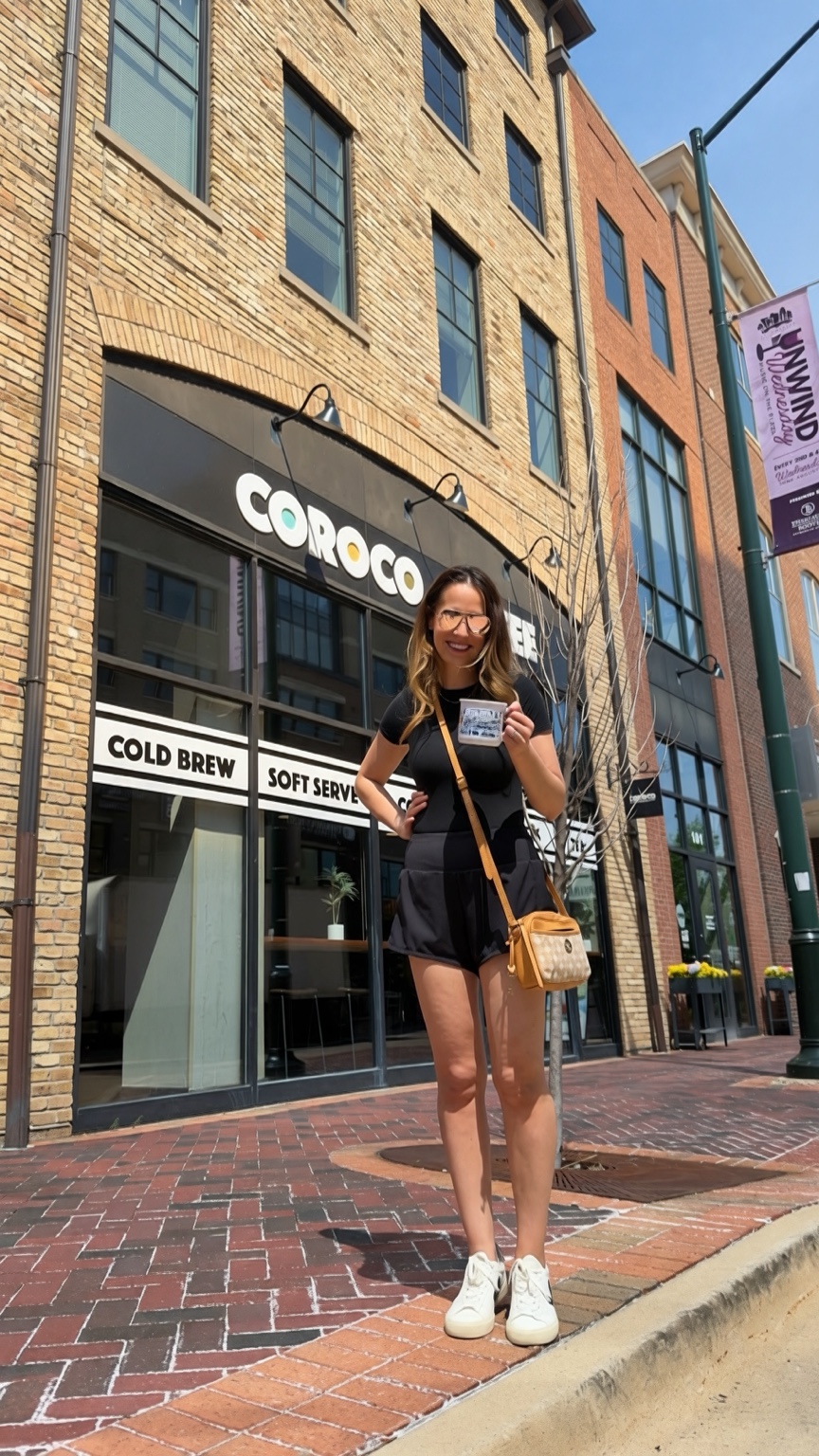 Ashley with The St. Charles Mug outside Coroco Coffee