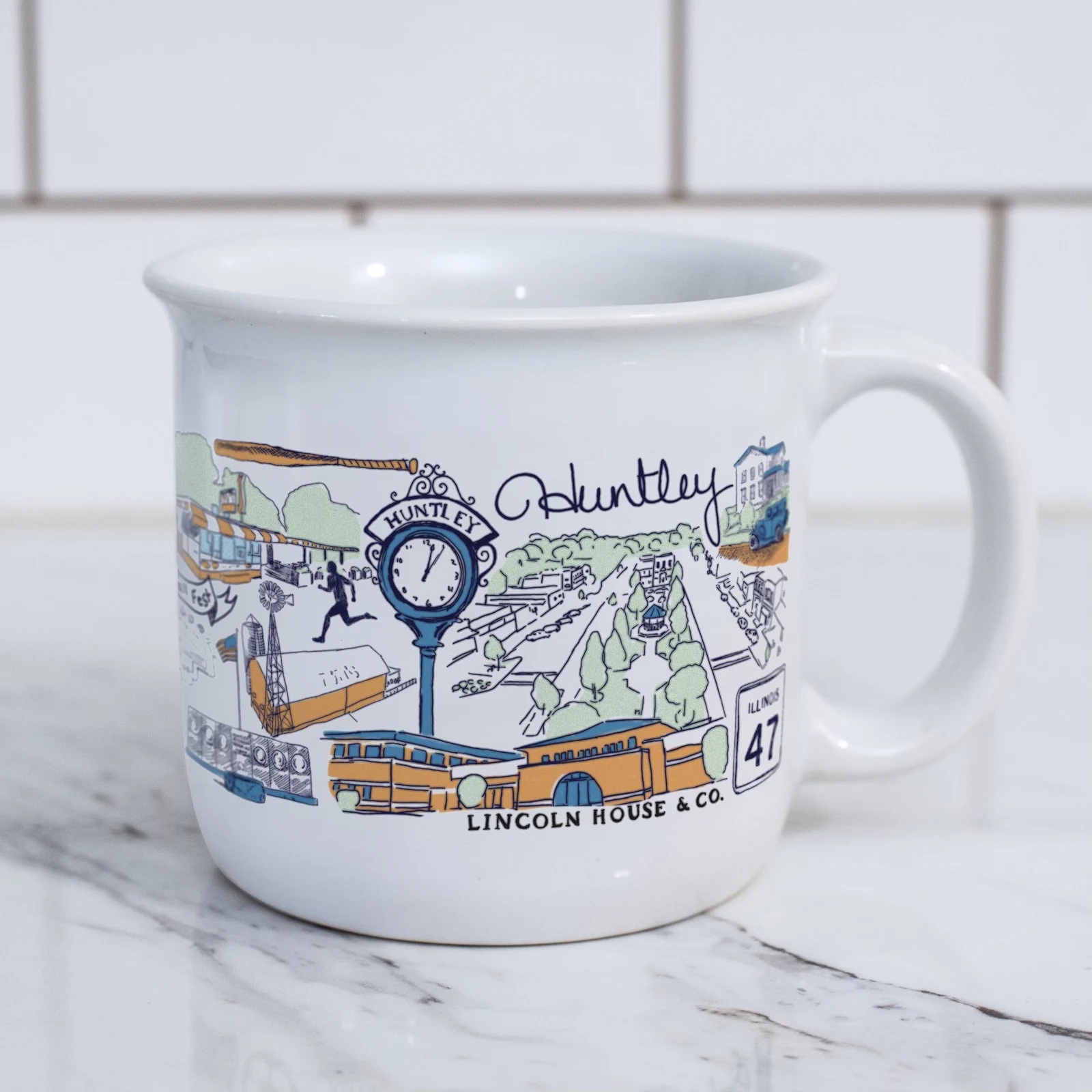 A hand-drawn Churchill mug against a light backdrop