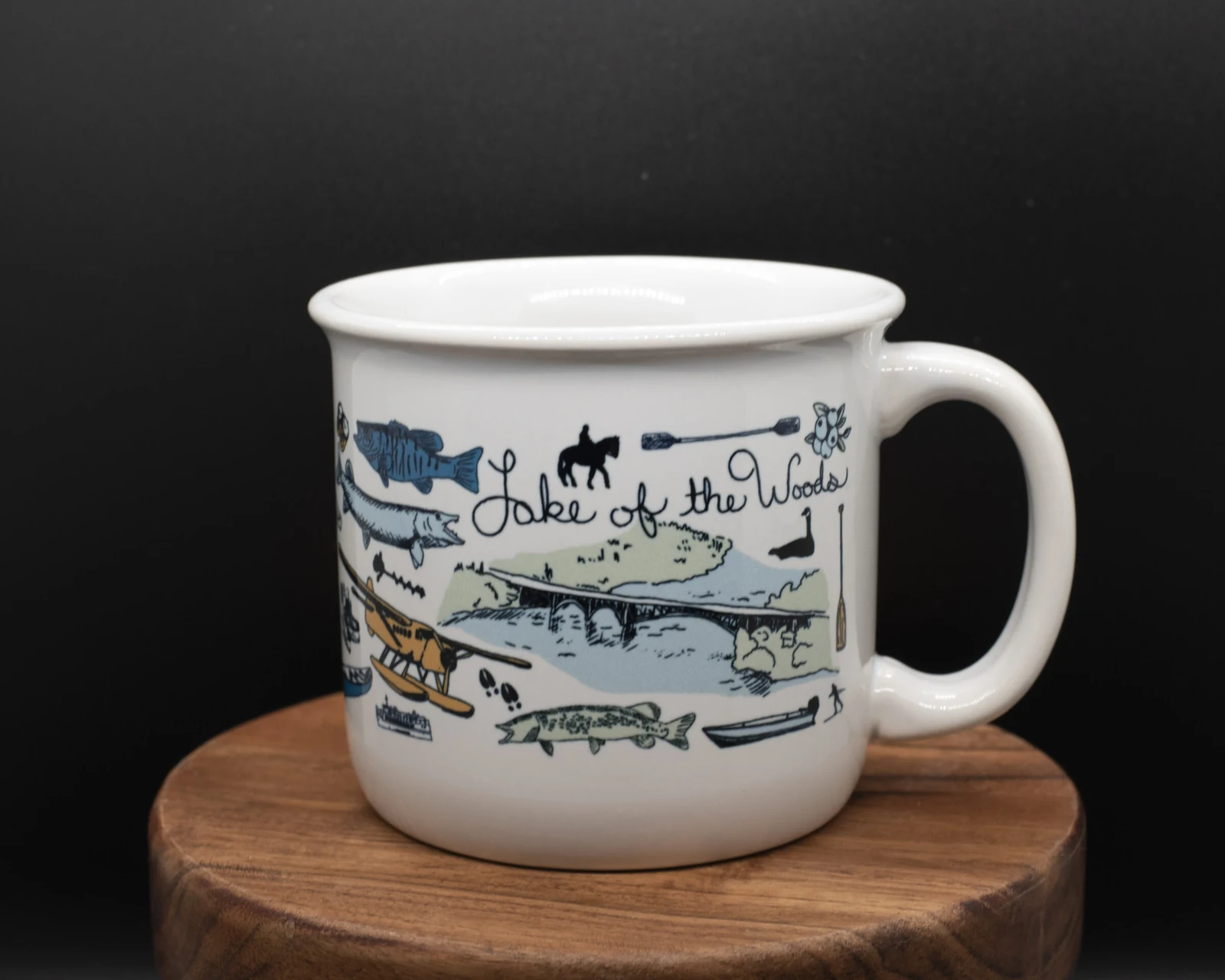 The Kenora / Lake of the Woods mug showing its hand-drawn local artwork