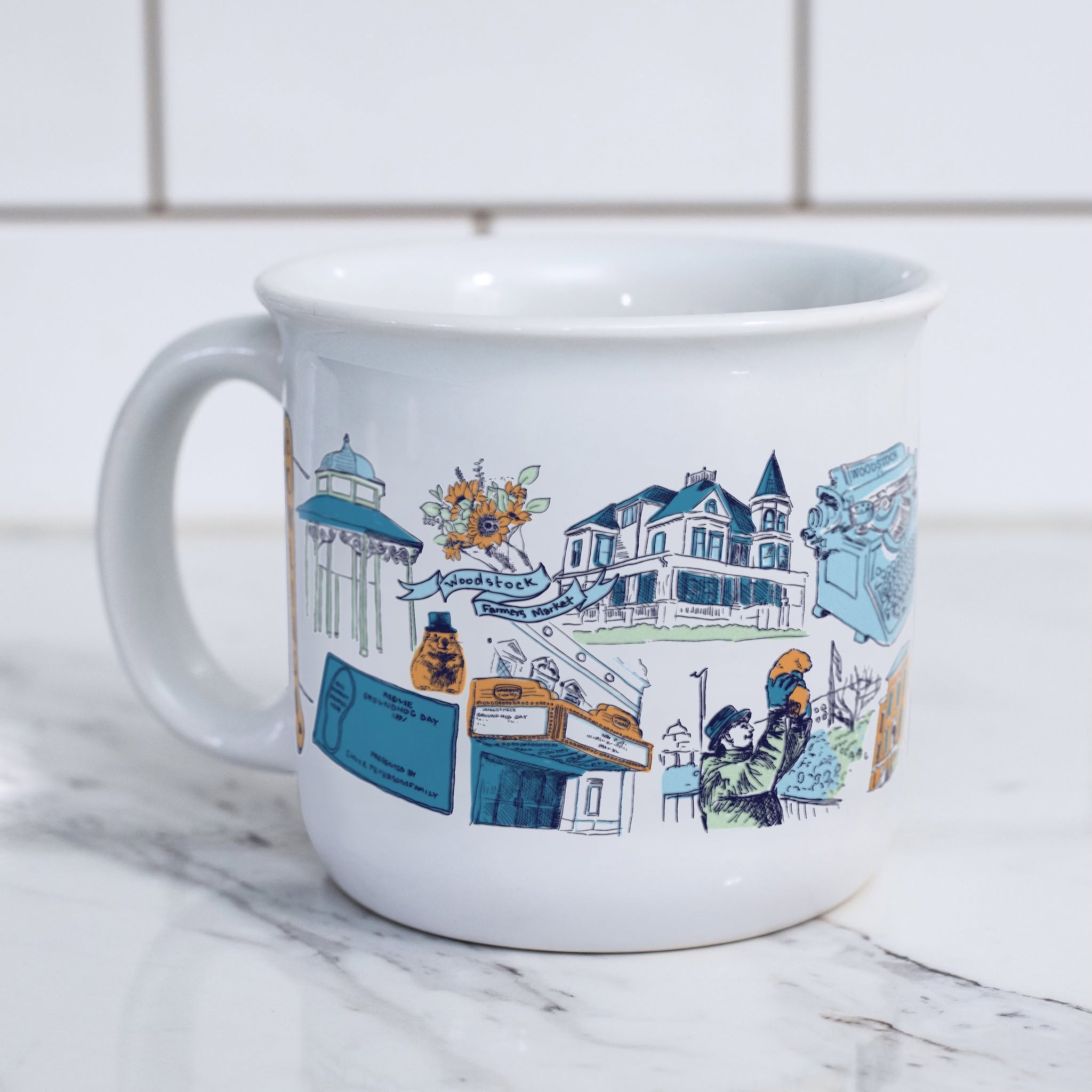 Back view of The Woodstock Mug showing more local landmarks