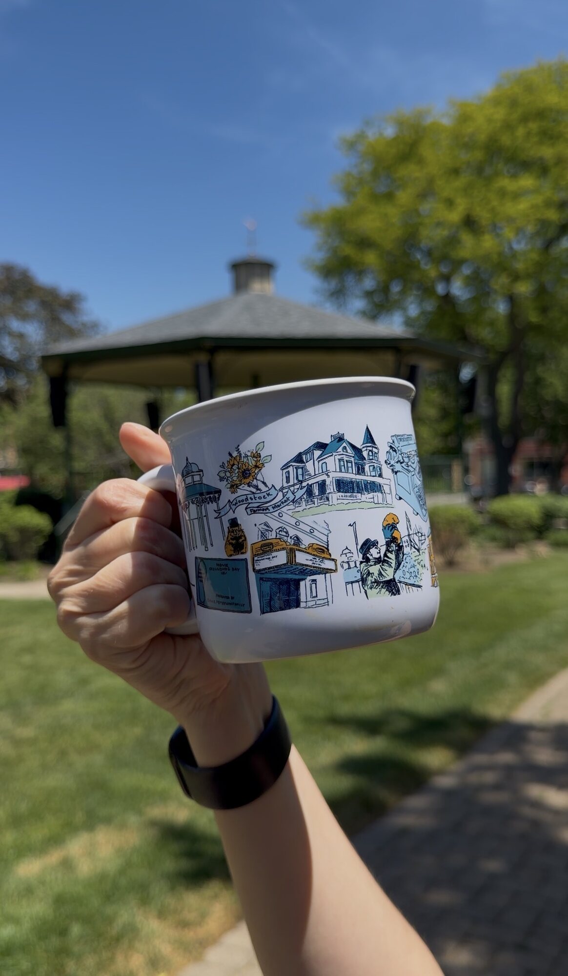 Close view of the illustrated Woodstock Mug with the real gazebo behind it